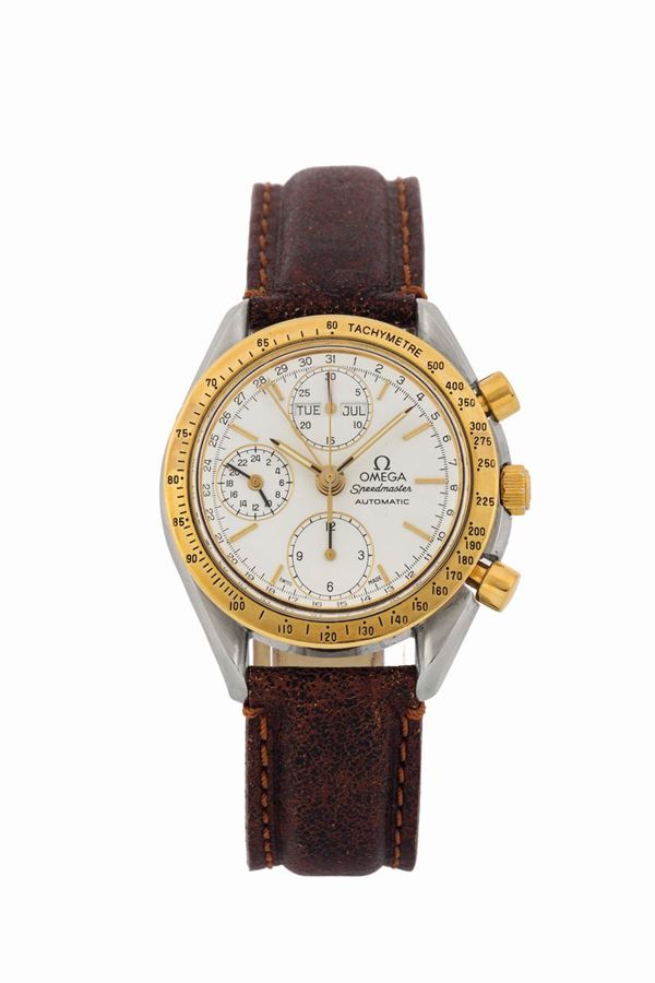 Omega, Speedmaster, Triple Calendar, case No. 53121398. Fine, self-winding, stainless steel and gold wristwatch with round button chronograph, registers, triple date, gold bezel with tachometer. Made circa 2000