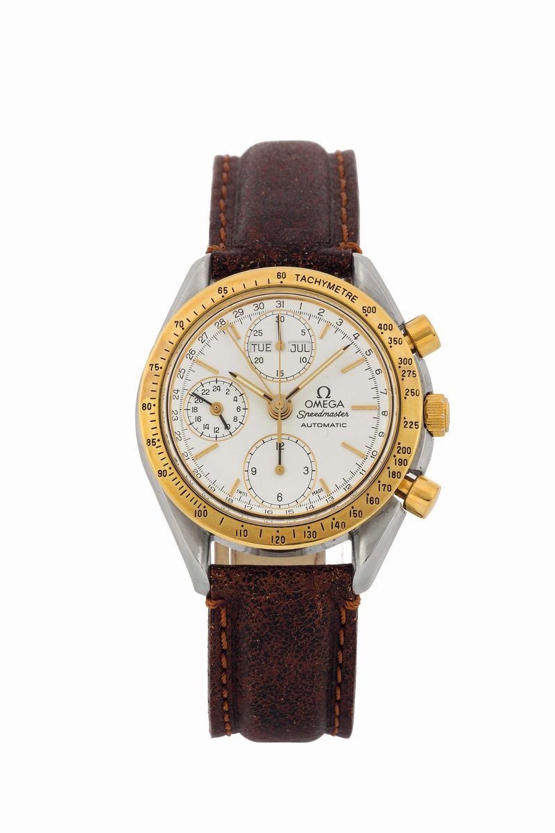 Omega, Speedmaster, Triple Calendar, case No. 53121398. Fine, self-winding, stainless steel and gold wristwatch with round button chronograph, registers, triple date, gold bezel with tachometer. Made circa 2000  - Auction Watches and Pocket Watches - Cambi Casa d'Aste