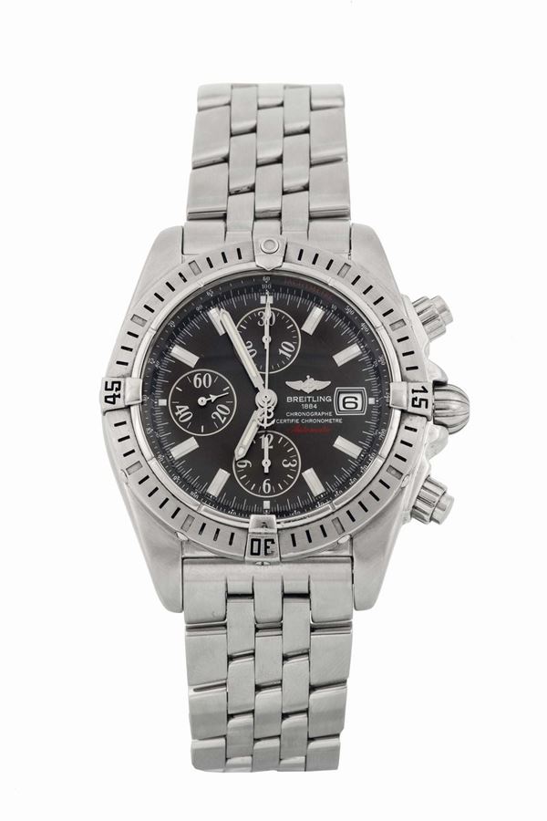Breitling, Chronographe, Certifie Chronometre, Automatic , Ref. A13356. Fine, water-resistant, self-winding, stainless steel wristwatch, with round button chronograph, registers, date, tachometer, and a stainless steel Pilot bracelet. Accompanied by the original box and Guarantee.
