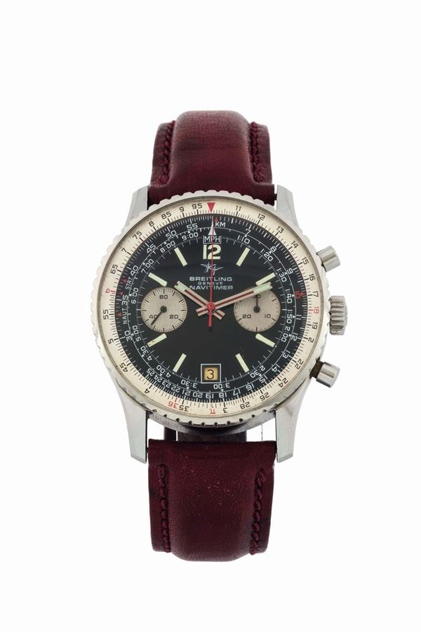 Breitling, Geneve, Navitimer. Fine, stainless steel chronograph  wristwatch with date, telemeter and slide-rule with original steel buckle. Made circa 1960