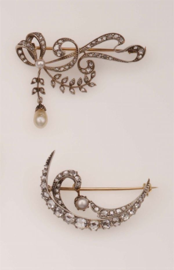 Two rose-cut diamond and pearl brooches