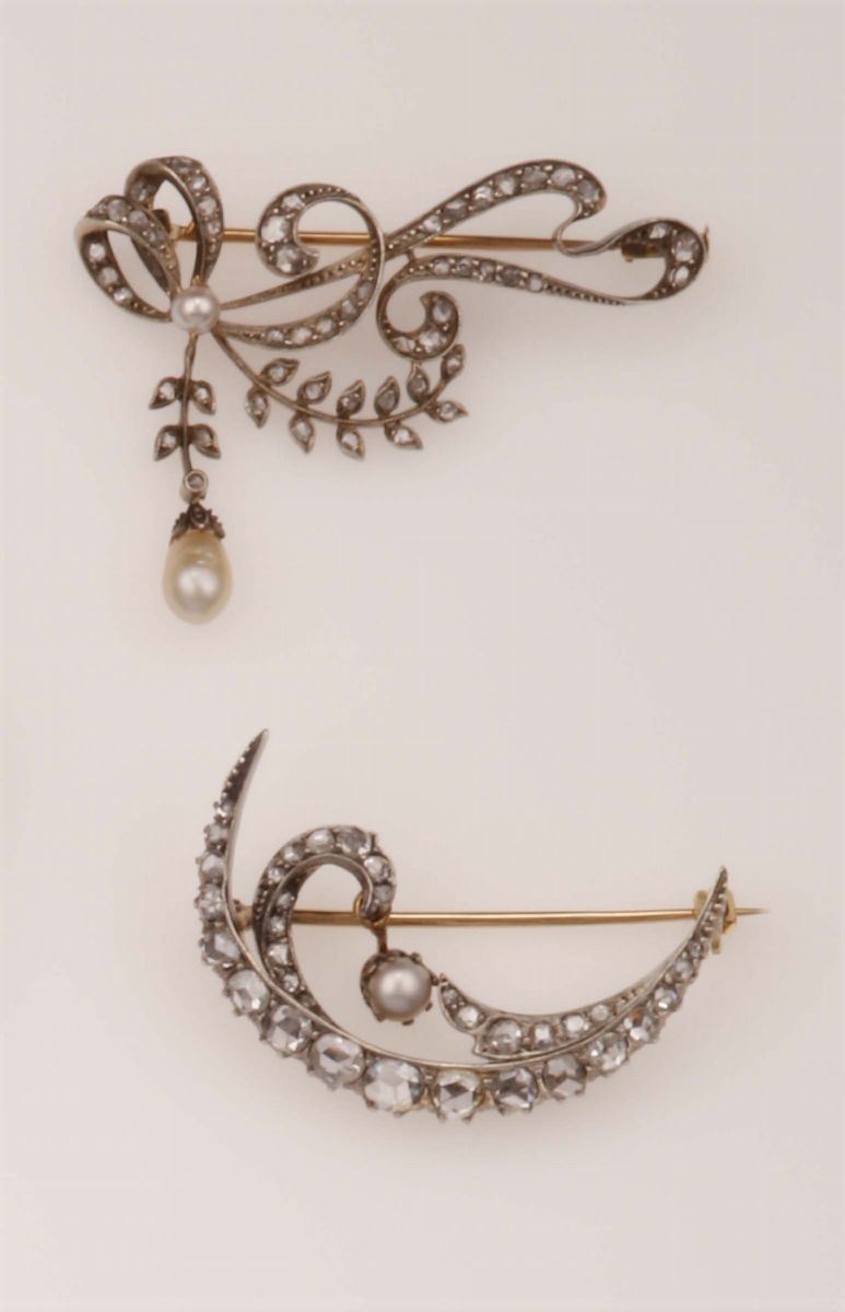 Two rose-cut diamond and pearl brooches  - Auction Fine Jewels - Cambi Casa d'Aste