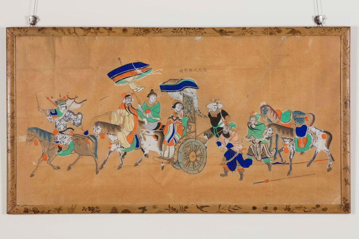 Gruppo di Tre Dipinti su Carta Raffiguranti Guanyin e Corte, Cina, Dinastia Qing, XIX Secolo