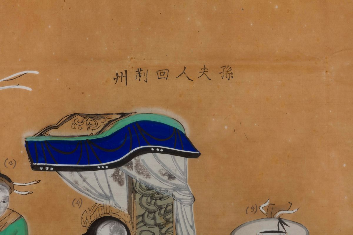 Gruppo di Tre Dipinti su Carta Raffiguranti Guanyin e Corte, Cina, Dinastia Qing, XIX Secolo