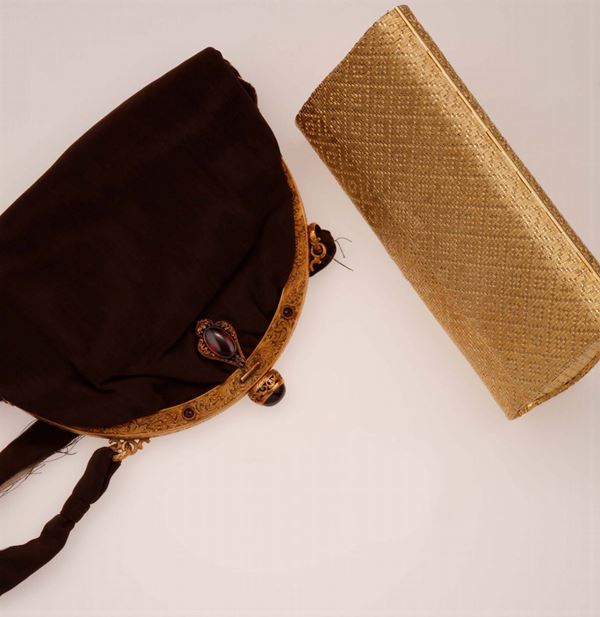 Two gold, silk and garnet evening bags