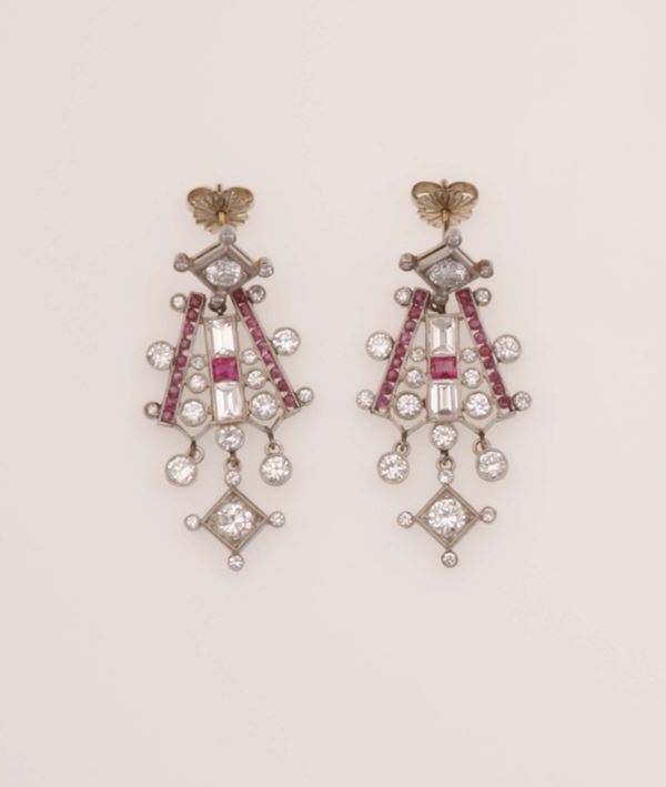 Pair of diamond and ruby pendent earrings