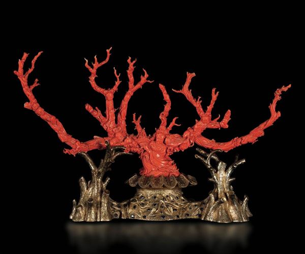 A large carved coral branch with everyday life scenes mounted on a gilt silver base with sapphire inlays, designed and manufactured by Angelo Giorgio Cazzaniga (1955 ca), China, 19th century