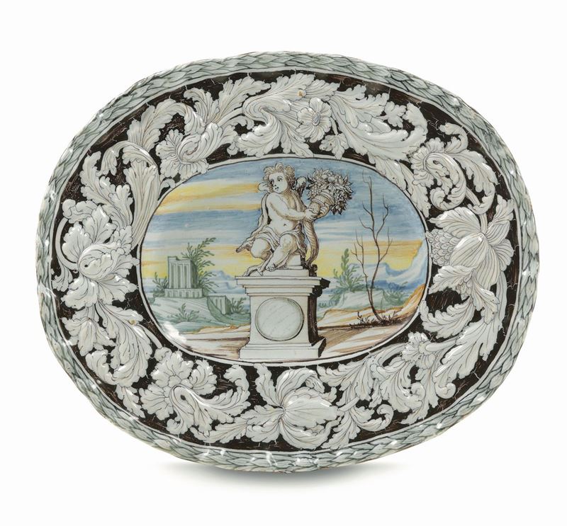 Vassoio ovale Pavia, fine XVII - inizio XVIII secolo Probabilmente Siro Antonio Africa  - Auction Majolica and Porcelain - Cambi Casa d'Aste