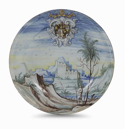 Piatto Pavia, Manifattura Rampini, 1690-1700 Stemma Marchesi Stampa di Soncino