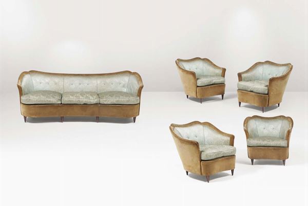 A sofa with four armchairs. Wooden structure and fabric upholstery. Italy, 1940 ca.