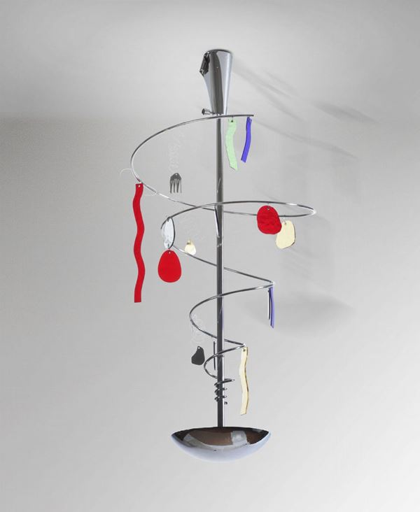 Tony Cordero, a pendant lamp in chromed metal and glass elements. Artemide Prod., Italy, 1990 ca.