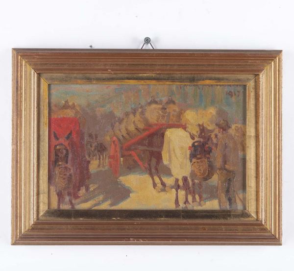Frank Aldworth - Scena di paese, 1915 Carri con muli, 1917