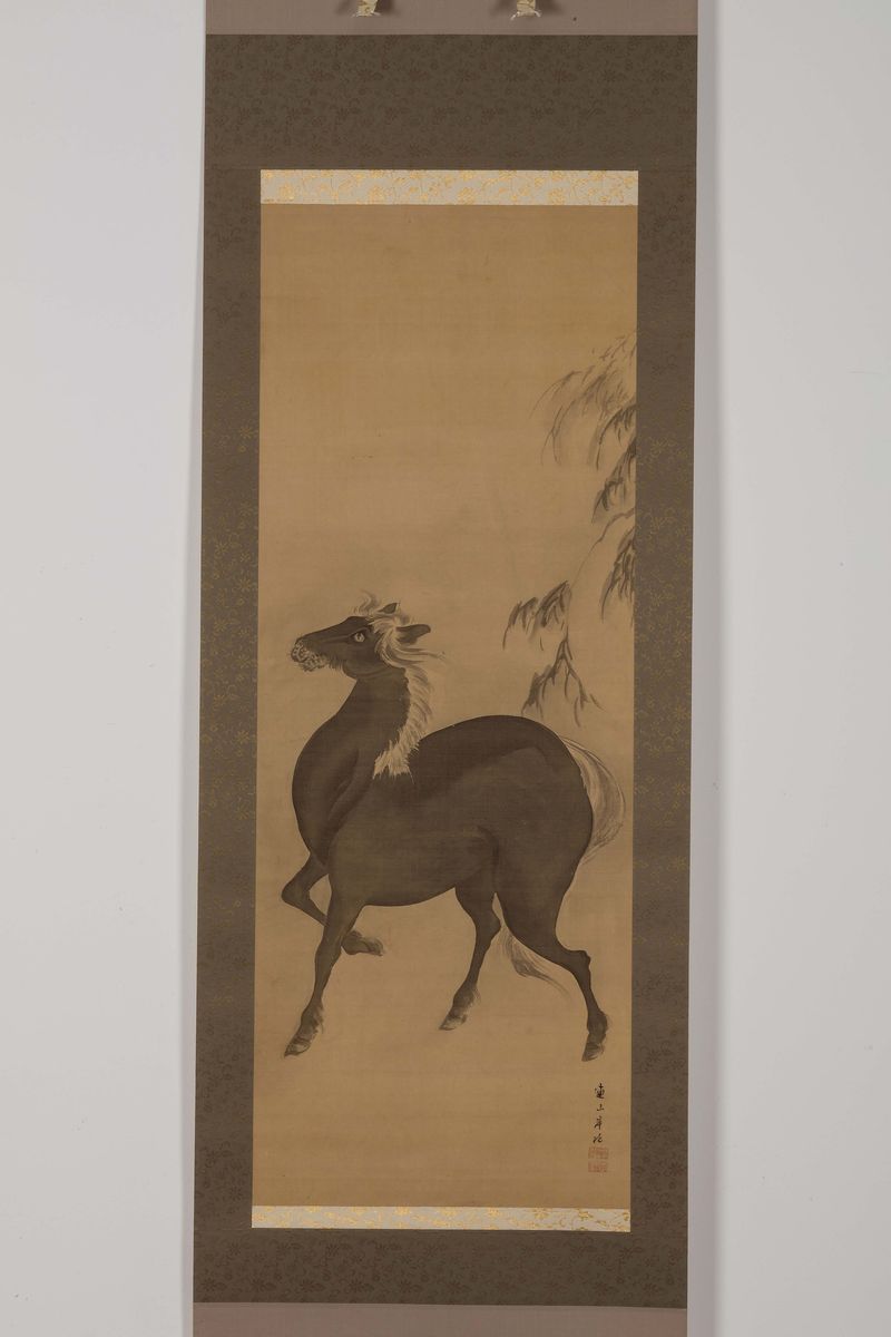 Dipinto su Seta Raffigurante Cavallo, Giappone, Firmato Renzan Gantoku (1805-1859)