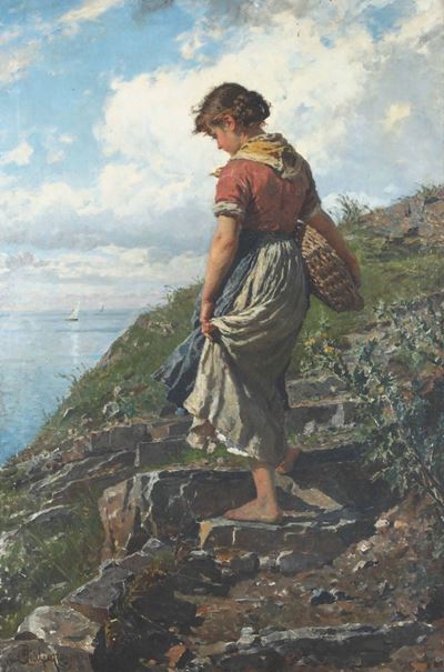 Bartolomeo Giuliano (susa 1825 - Milano 1909)paesaggio Marino con Fanciulla, 1883
