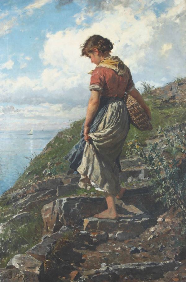 Bartolomeo Giuliano (Susa 1825 - Milano 1909) Paesaggio marino con fanciulla, 1883