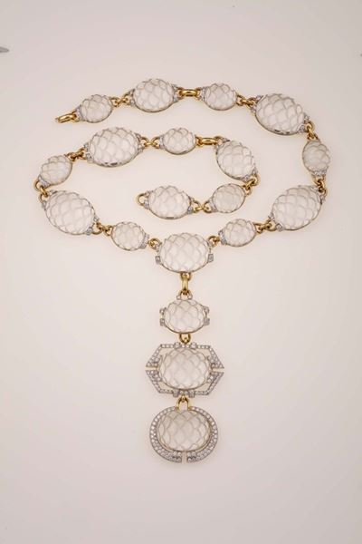 David Webb. Parure Composta da Collana, Bracciale ed Orecchini in Cristallo di Rocca e Diamanti