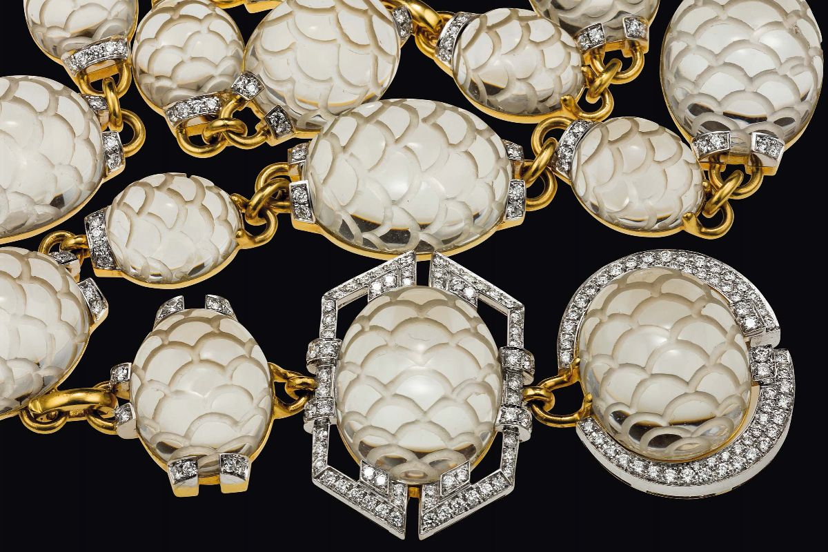 David Webb. Parure Composta da Collana, Bracciale ed Orecchini in Cristallo di Rocca e Diamanti