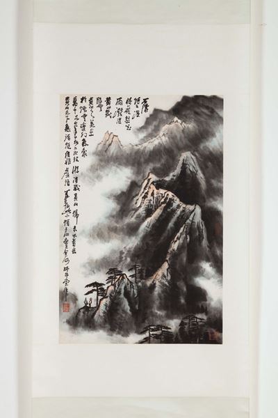 Dipinto su Carta Raffigurante Paesaggio Montano con Poesia, Cina, Dinastia Qing, XIX Secolo