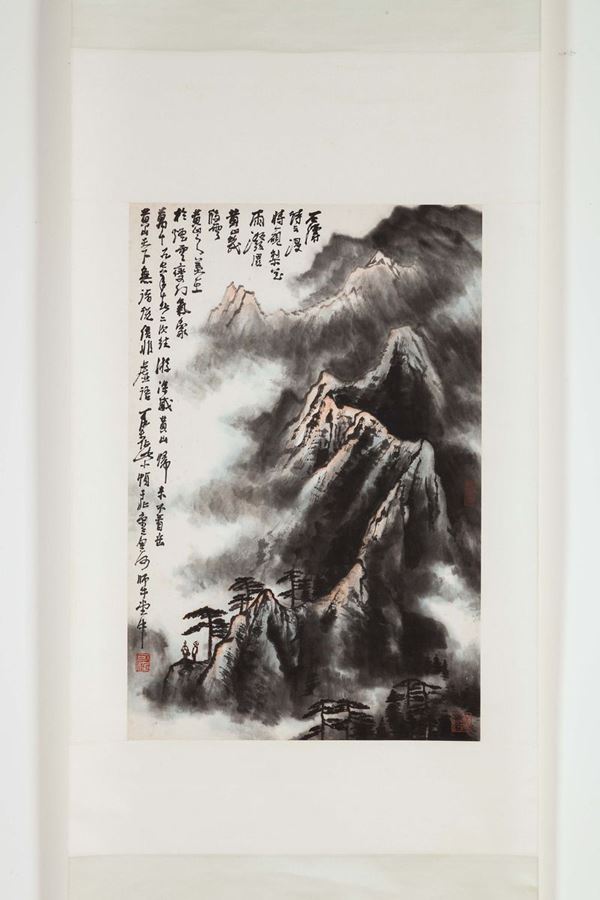 A painting on paper depicting a mountain landscape with a poem, China, Qing Dynasty, 19th century