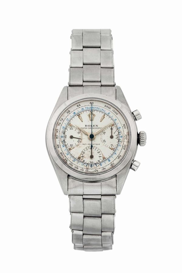 Rolex, Oyster Chronographe, Anti-Magnetique, case No. 530400, Ref. 6234.  Fine and rare, water-resistant, stainless steel wristwatch with round button chronograph, registers, tachometer, telemeter and a stainless steel riveted Rolex Oyster bracelet. Made in 1959.