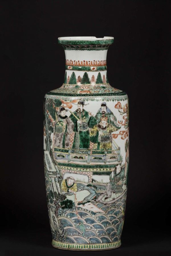 A Green Family porcelain vase with dignitaries and scenes of life at court, China, Qing Dynasty, 19th century
