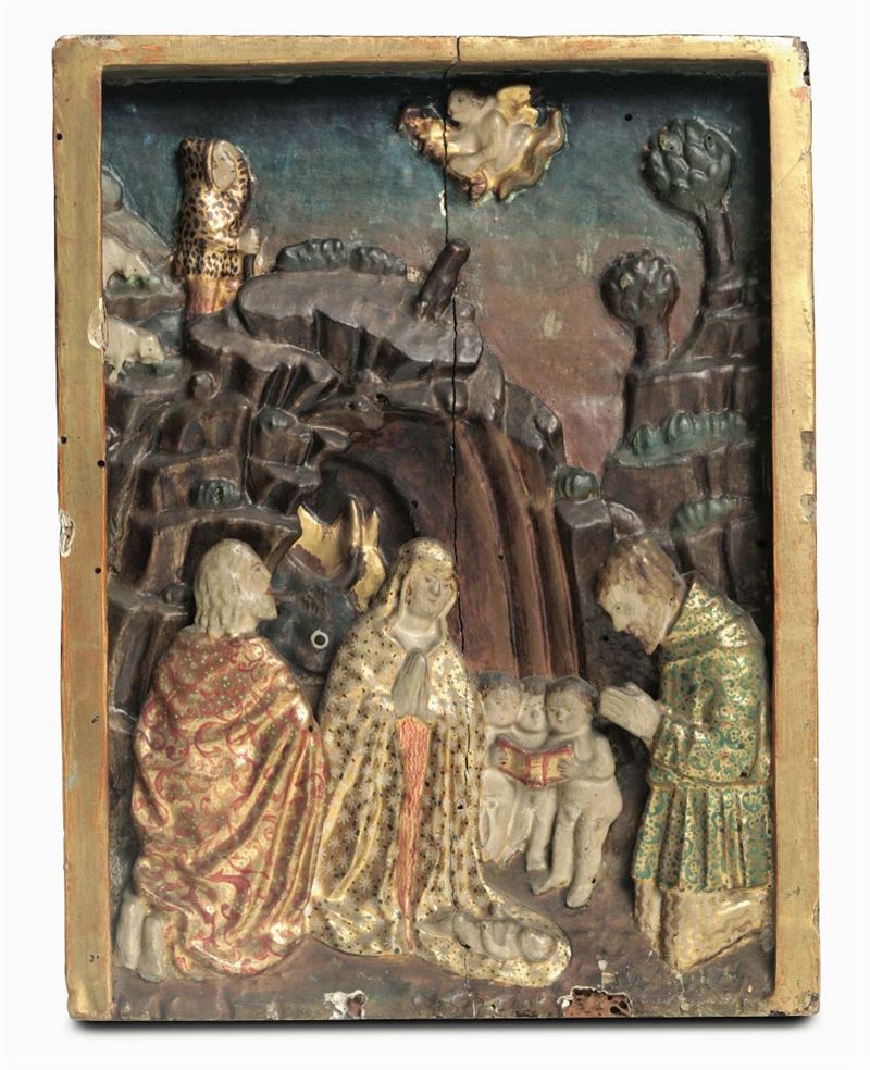 A bas-relief depicting a nativity in carved, painted and gilded wood. Lombard sculptor from the 16th century, close to the De Donatis  - Auction Sculpture and Works of Art - Cambi Casa d'Aste