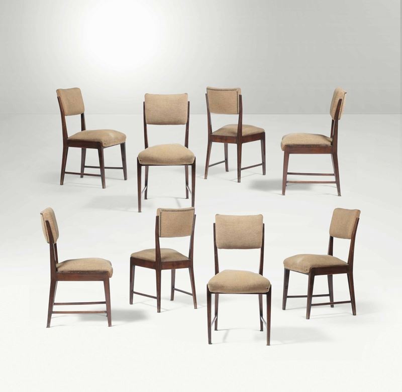 Eight chairs with a wooden structure and fabric upholstery. Italy, 1950 ca.  - Auction Design - Cambi Casa d'Aste