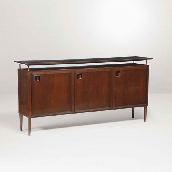 A sideboard with a wooden structure, brass elements and a marble top. Italy, 1950 ca.