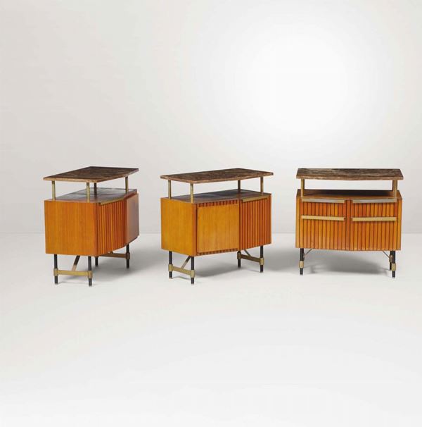 Three night tables in wood, brass and lacquered metal. Marble top. Italy, 1950 ca.