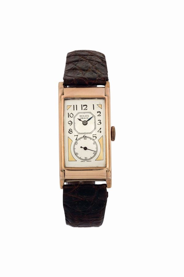 ROLEX, Prince, case No. 69490. Fine, 9K pink gold wristwatch with gold plated rolex buckle. Made circa 1930