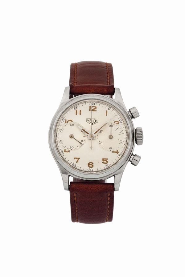 Heuer, Swiss, case No. 48992. Fine and rare, water-resistant, stainless steel wristwatch with round button chronograph.