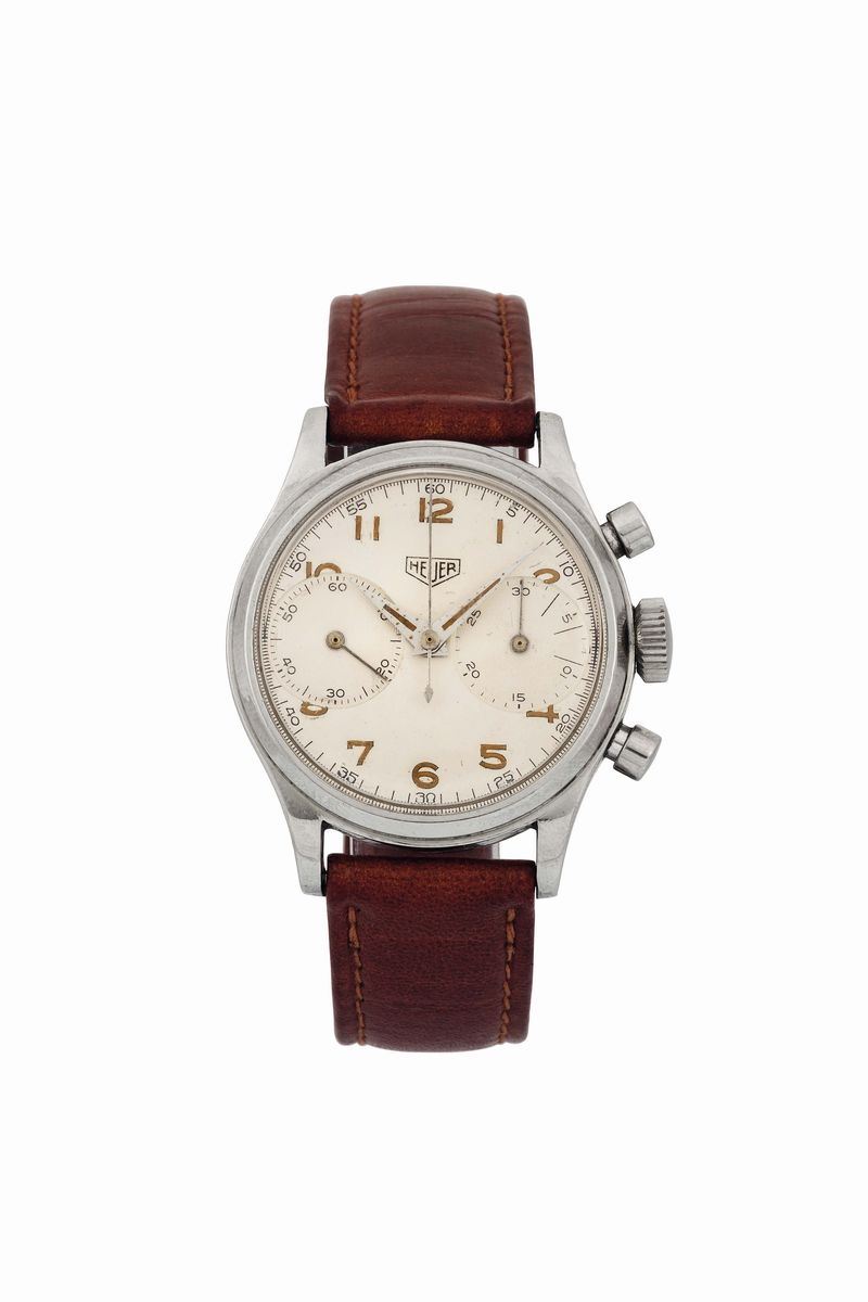Heuer, Swiss, case No. 48992. Fine and rare, water-resistant, stainless steel wristwatch with round button chronograph.  - Auction Watches and Pocket Watches - Cambi Casa d'Aste