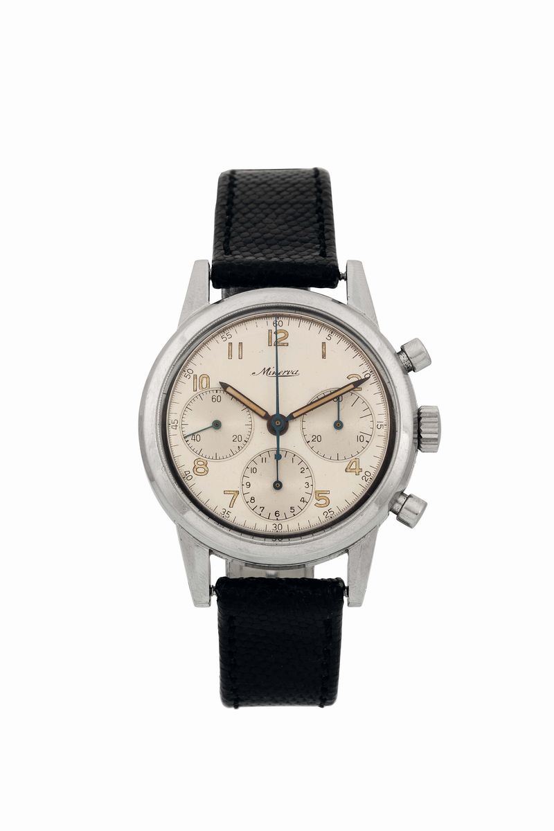 Minerva, case No. 427654. Fine, water resistant, stainless steel chronograph wristwatch. Made circa 1960  - Auction Watches and Pocket Watches - Cambi Casa d'Aste