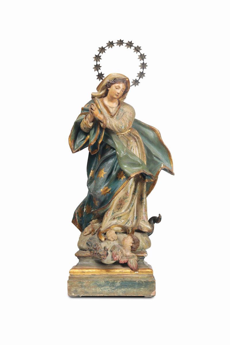A Virgin Mary in polychrome and gilded wood. Sculptor close to Maragliano, Genova, first quarter of the 18th century  - Auction Sculpture and Works of Art - Cambi Casa d'Aste