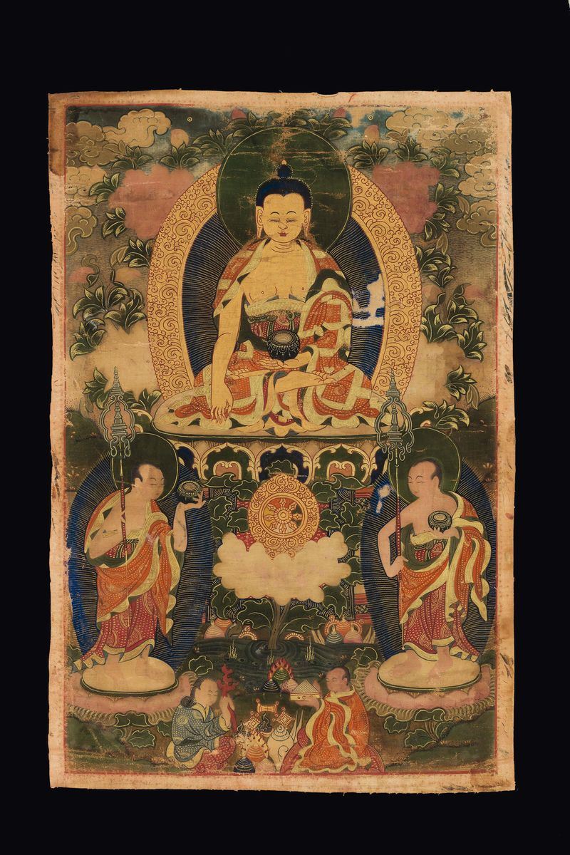 Tanka a fondo verde con lumeggiature oro con figura di Buddha centrale, Tibet, fine XVIII secolo  - Asta Fine Chinese Works of Art - I - Cambi Casa d'Aste