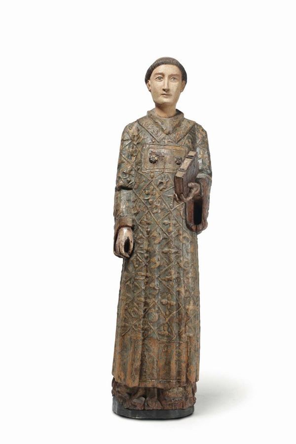 A deacon Saint in painted and gilded wood. Sculptor active in Tuscany and Lazio in the first half of  [..]