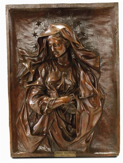 Bassorilievo in Legno di Noce Raffigurante Madonna. Andrea Brustolon (belluno 1662 - 1732) e Bott...