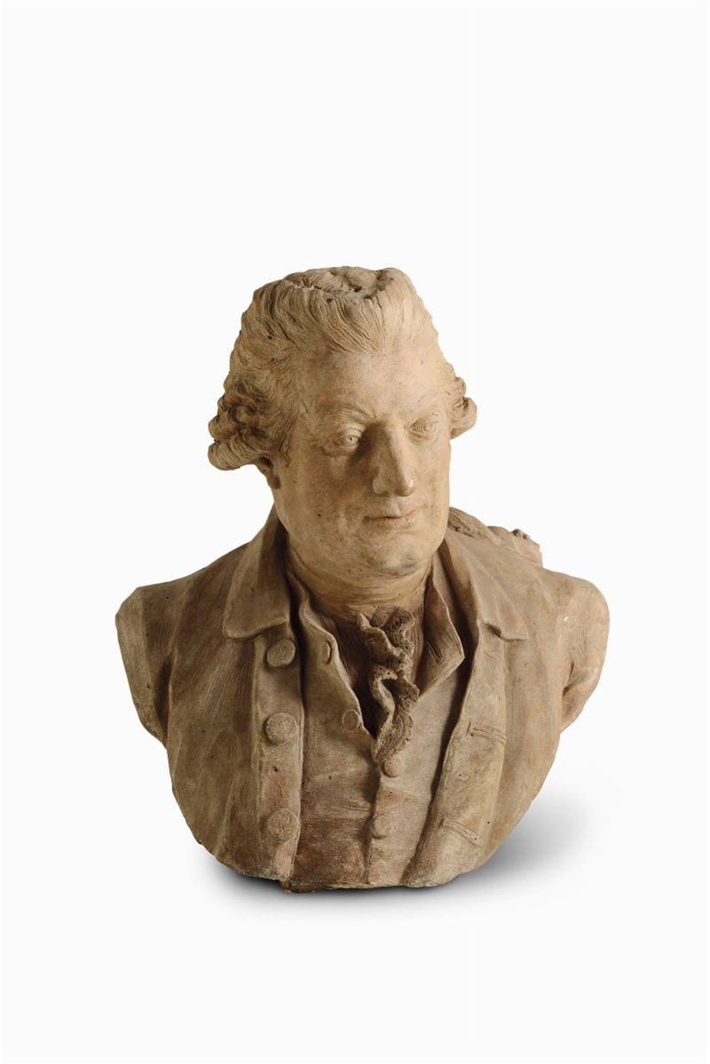Busto maschile in terracotta. Plasticatore francese attivo nell’ultimo quarto del XVIII secolo  - Asta Scultura e Oggetti d'Arte - Cambi Casa d'Aste