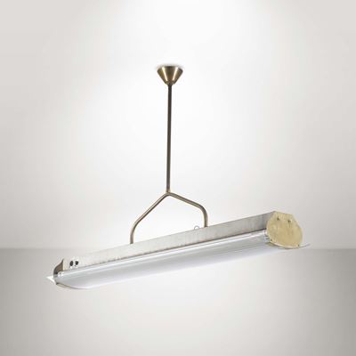 Lampada a Sospensione con Struttura in Ottone e Diffusore in Vetro Serigrafato.