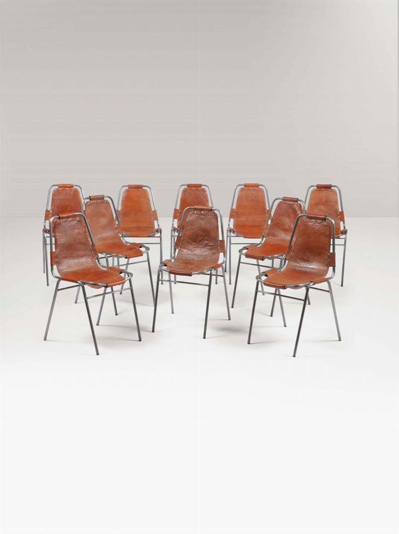 Dieci sedie con struttura in metallo e seduta in cuoio.  - Asta Design II - II - Cambi Casa d'Aste