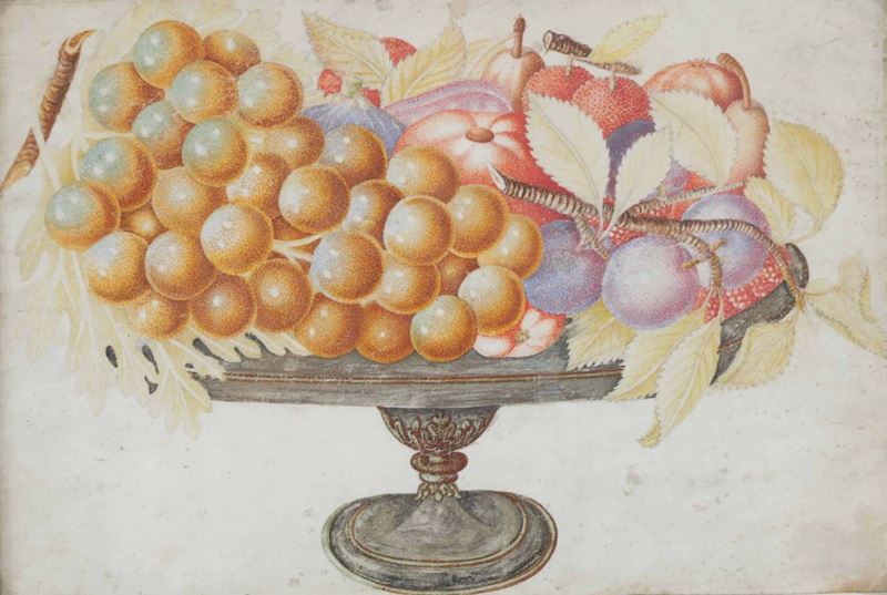 Giovanna Garzoni (1600-1670), scuola di Alzatina con uva, prugne e corbezzoli  - Asta Dipinti Antichi - Cambi Casa d'Aste