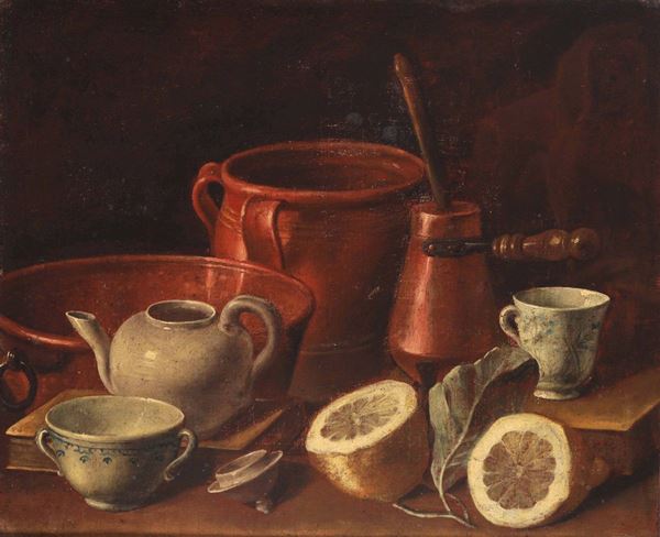 Carlo Magini (1720-1806) Natura morta con ceramiche, rami e limoni