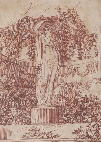 Scuola della Fine del XVIII Secoloschizzo Raffigurante Scultura Entro Giardino