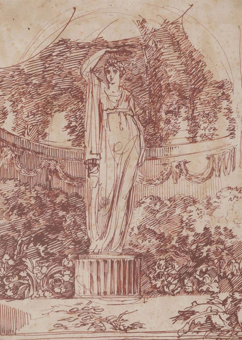 Scuola della fine del XVIII secolo Schizzo raffigurante scultura entro giardino  - Asta Dipinti Antichi - Cambi Casa d'Aste