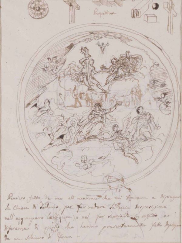 Scuola italiana del XVIII secolo Studio con Trinità e annotazioni