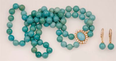 Parure Composta da Collana ed Orecchini con Turchese e Diamanti