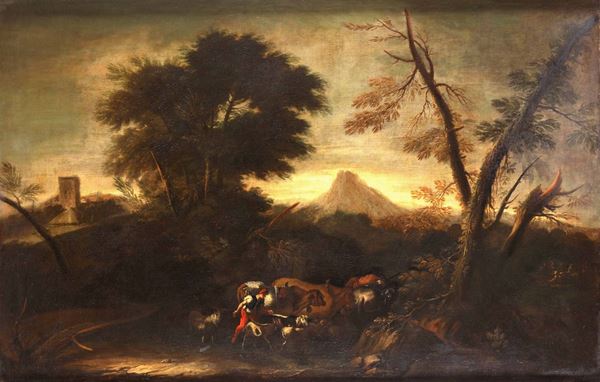 Pietro Montanini (1619-1689), cerchia di Paesaggio con pastore e animali