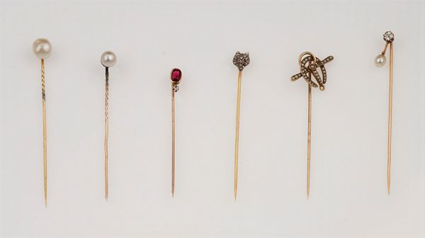 Six gold, pearl, diamond and paste stickpins