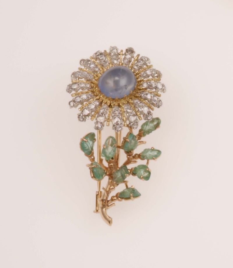 Sapphire, emerald and diamond brooch. Signed Buccellati. Fitted case  - Auction Fine Jewels - Cambi Casa d'Aste