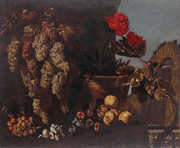 Scuola italiana della seconda metà del XVII secolo Natura morta con fiori e frutta